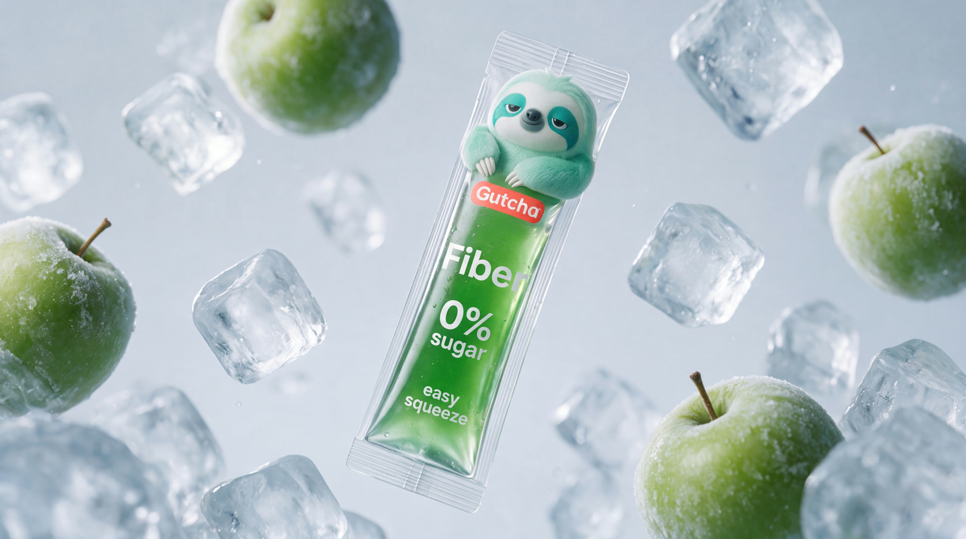 Gutcha Fiber sachet with the mint sloth, green apples, and ice