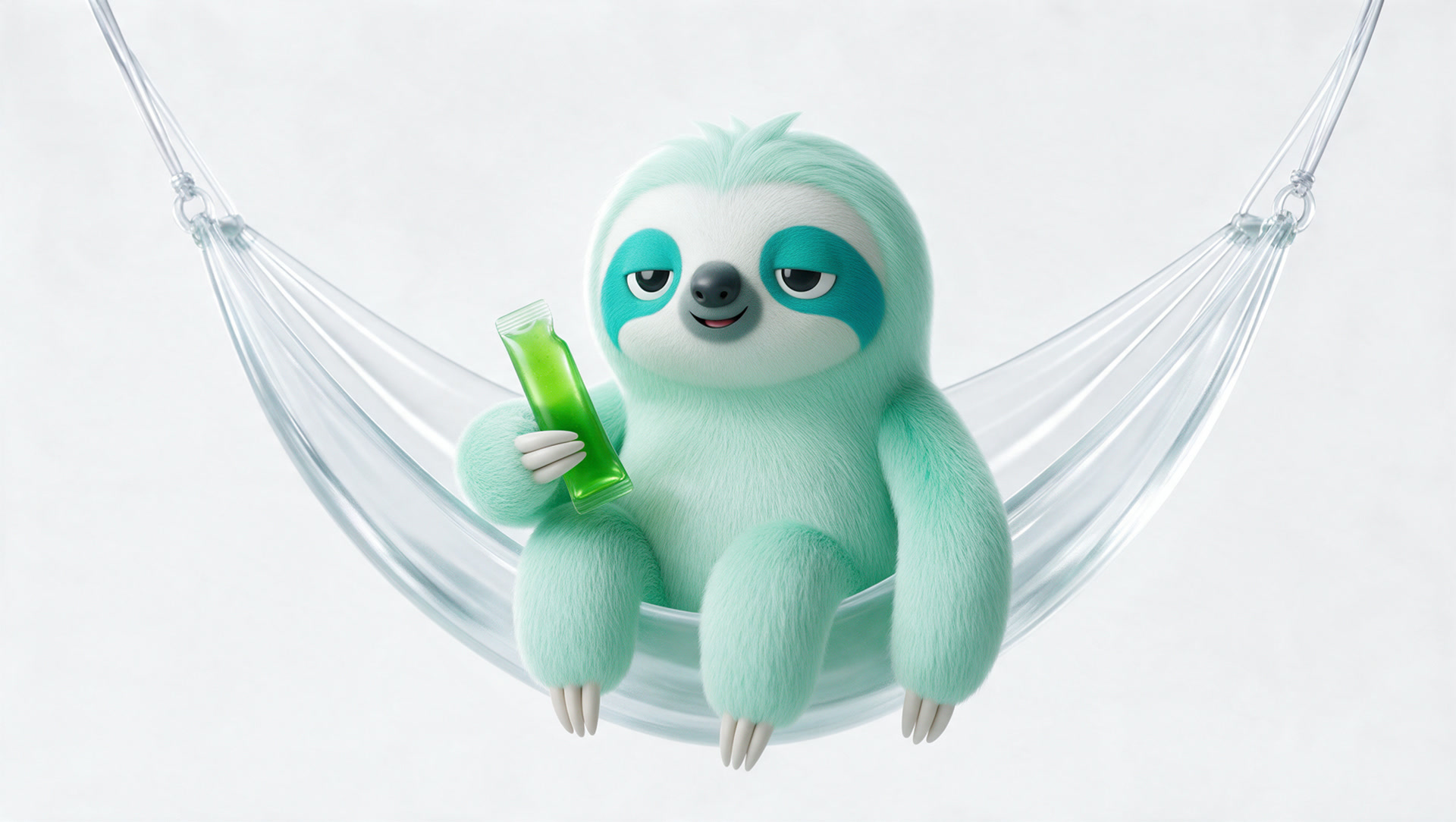 Mint sloth sitting in a glass hammock with a green sachet