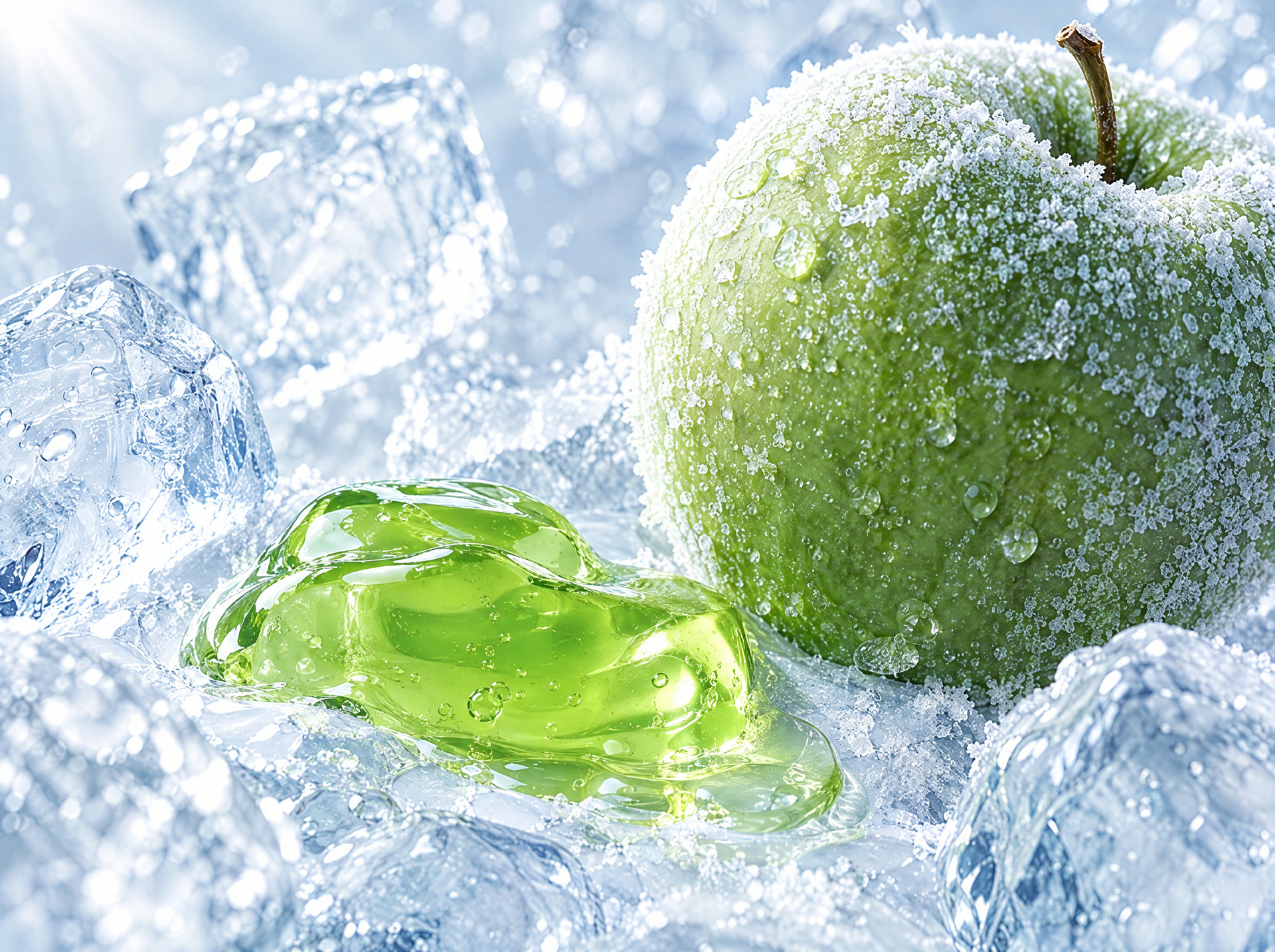 Frosted green apple beside a pool of green jelly