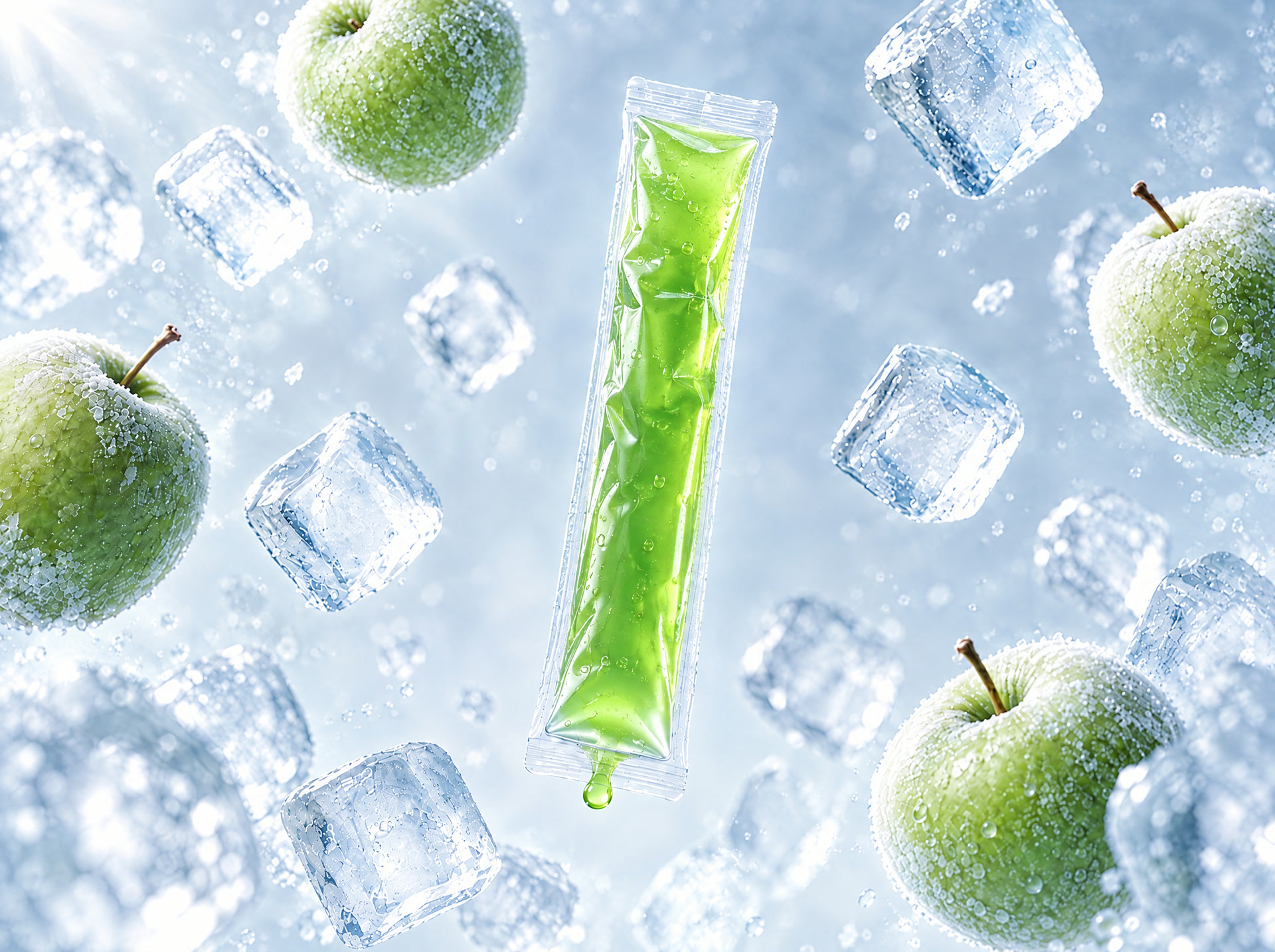 A green jelly sachet alone in ice, no glass