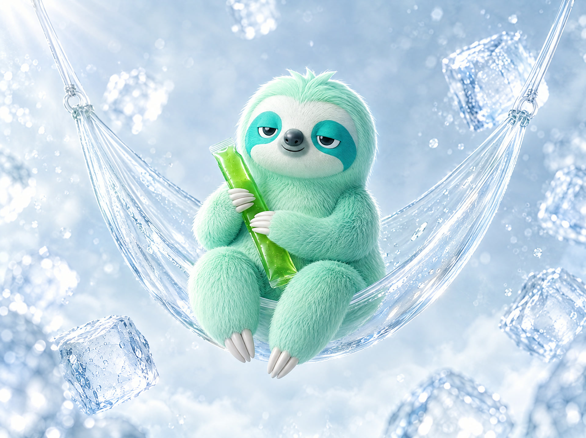 Mint sloth in a glass hammock holding one sachet